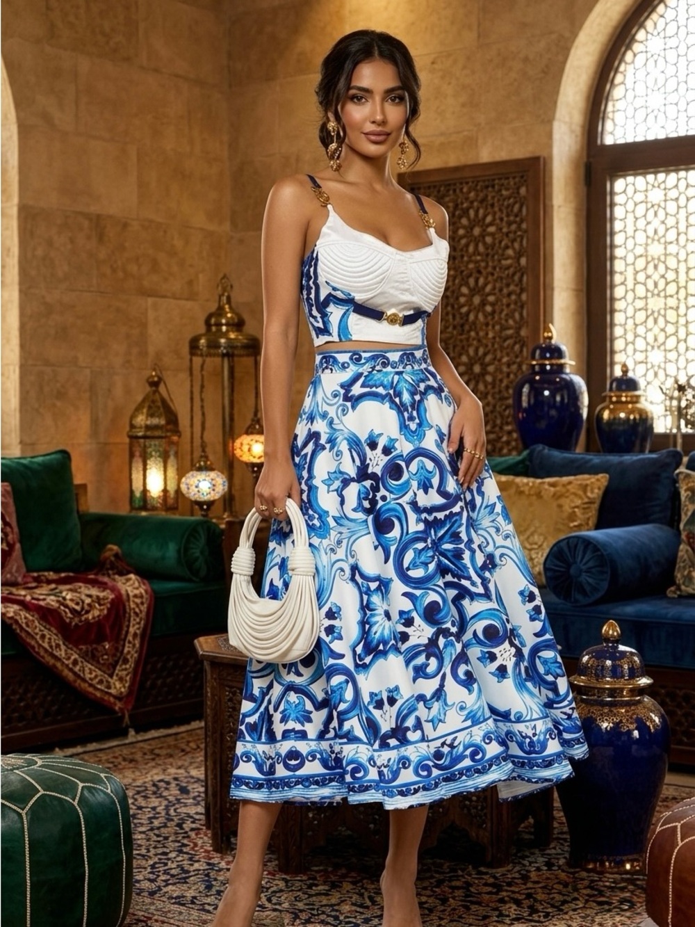 Glory Collection RYLAN TOP & SKIRT SET White & Blue Floral A-Line Midi Skirt S